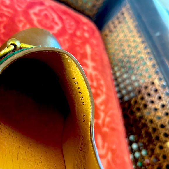 COPY - GUCCI HORSEBIT BROWN LEATHER MULES WITH ANKLE STRAP, GOLD STUDDED DETAIL - Picture 9 of 10